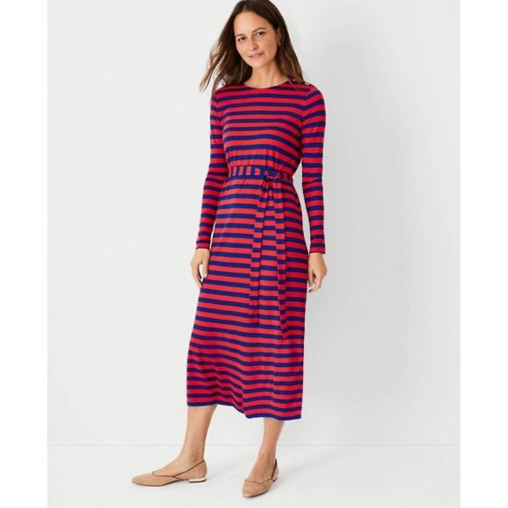 Ann Taylor Striped Long Sleeve Dress Size M Medium Petite NWT Red Navy